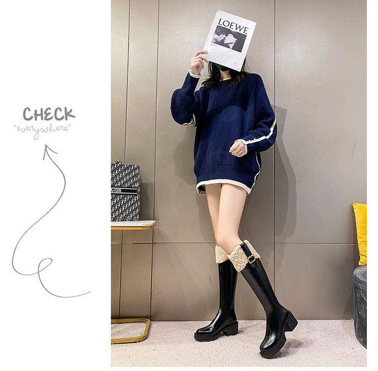 Women's Fleece-Lined Over-the-Knee Cotton Boots with Chunky High Heels and Furry Slimming High-Shaft Design