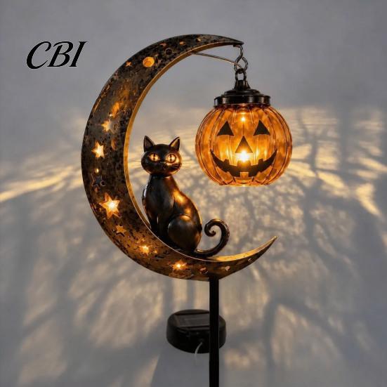 Solar Powered Halloween Garden Stake Lights Light, Black Cat Pumpkin Moon Decorative Landscape Lighting for Waterproof LED Yard Decoration Outdoor