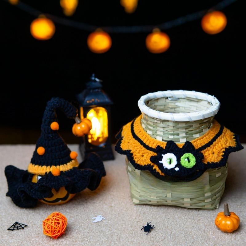 Cat Collar Cute Pet Collar Halloween Heterochromatic Cat Pumpkin Ghost Dog Bib Knitted Collar for Small Cats/dog/kitty