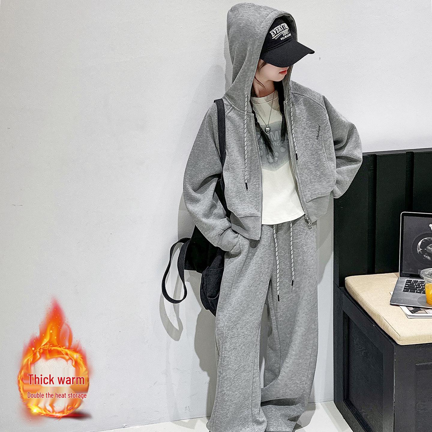 

Winter 2025 Girls Thick Fleece Hooded Jacket & Pants Set 140 cm сірий колір