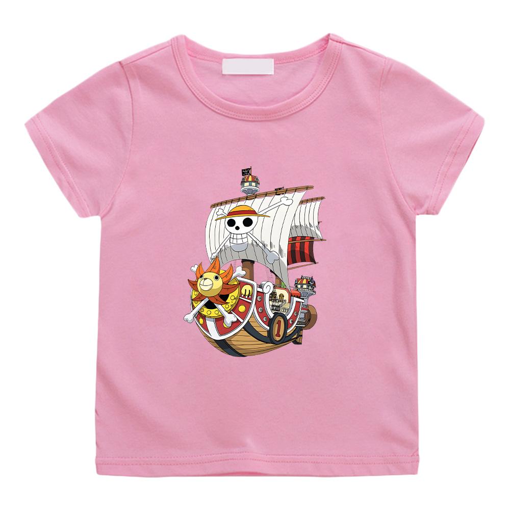 One Piece Pirate Ship Cartoon Print T-Shirt 2026 Summer New Popular Anime Printed American Casual Children Short Sleeved High Quality Cotton Boy Top