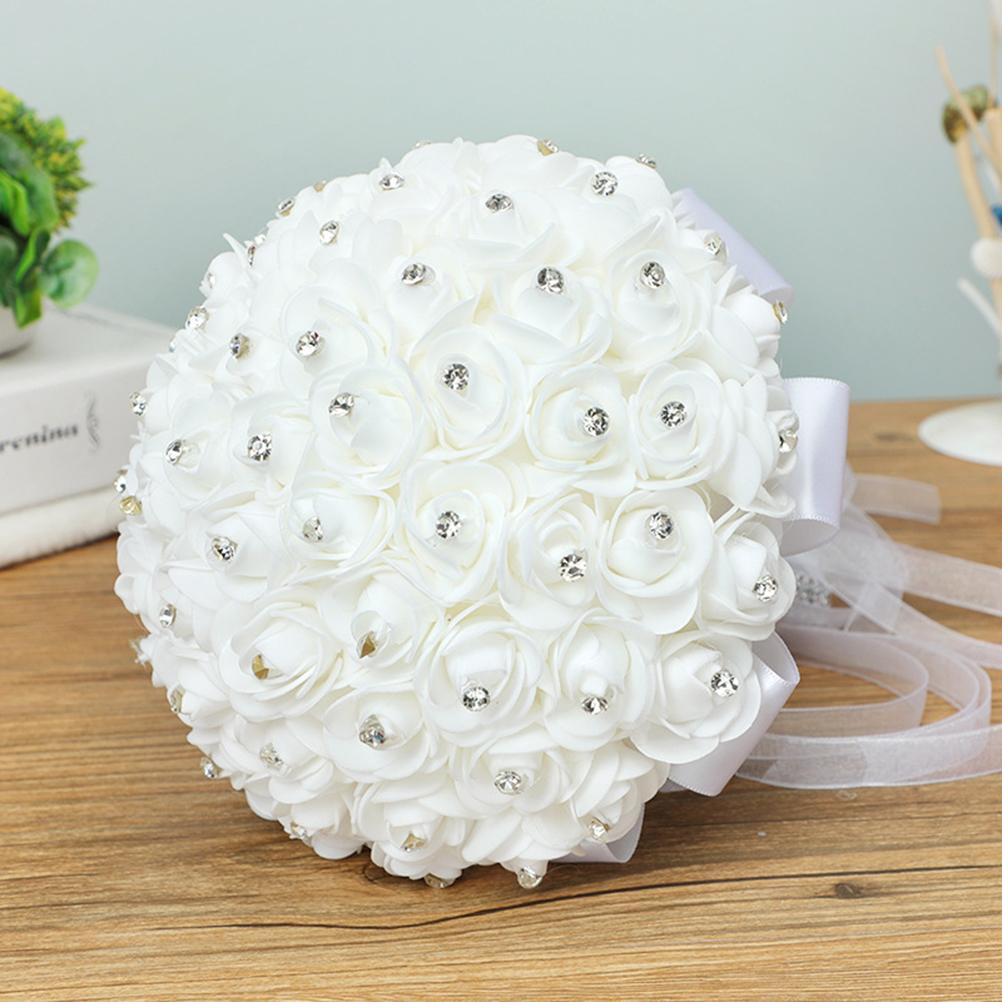 Weißer Brautstrauß Künstlicher Rosenstrauß mit Kristallperle für Hochzeit Verlobung Zuhause