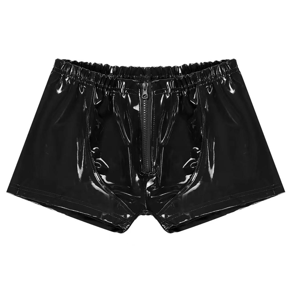 5XL Mens Sexy Open Crotch Leather Short Pants For Sex Latex Shaping Sheath Fetish Boxer Leather Underpants Bulge Pouch Sexi