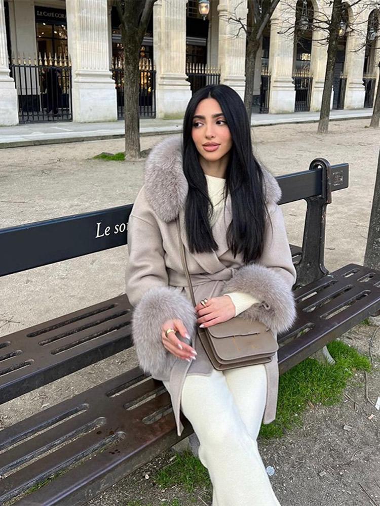 Damen Kapuzenjacke aus synthetischer Wolle Damen Taschen Wollmantel Damen Taillen Daunen Wolljacke Pelz Kapuzenmantel Modestil Herbst und Winter