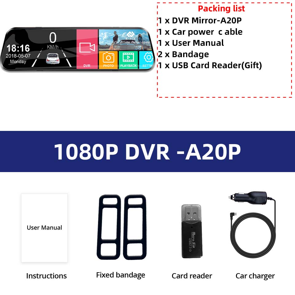 E-ACE 10 Inch Car DVR Mirror Video Recorder 1080P Touch Screen Dashcam For Car AHD Lens Streaming Driving Recorder Dash Camera