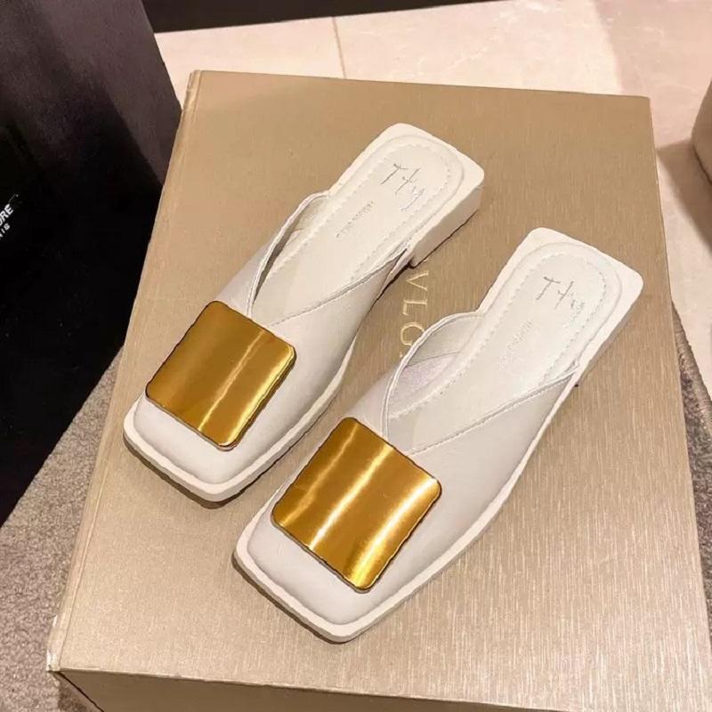 Women's Baotou Slippers Summer New Retro Metal Buckle Flat Heel Slippers Square Toe Shallow Mouth Casual Cool Slippers