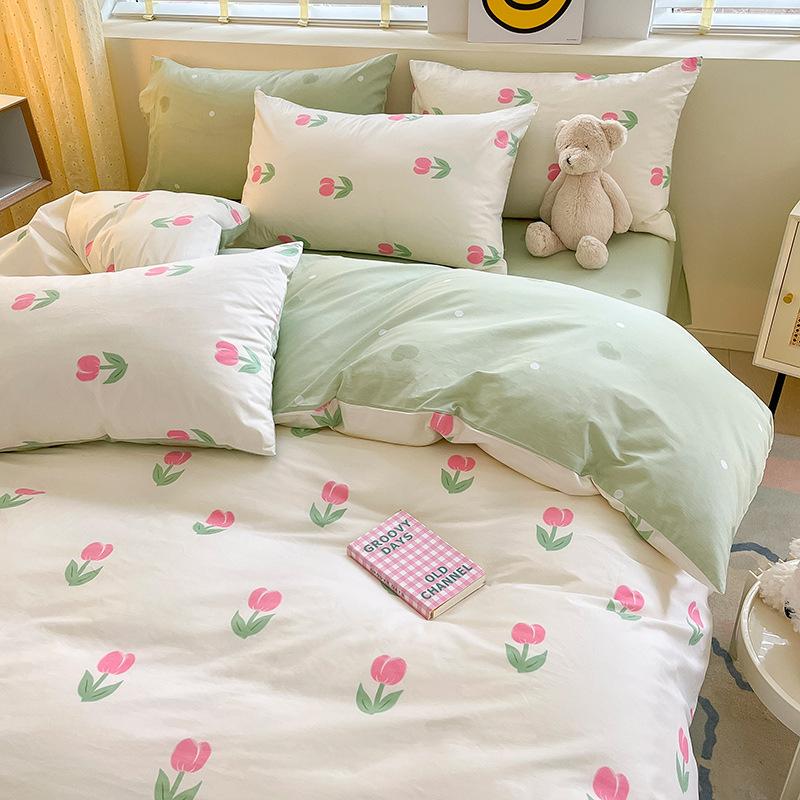 Juego de cuatro piezas de algodón puro de 60 hilos, cama gruesa de algodón puro, juego de tres piezas, algodón de fibra larga, funda de edredón pequeña y fresca, sábana ajustable