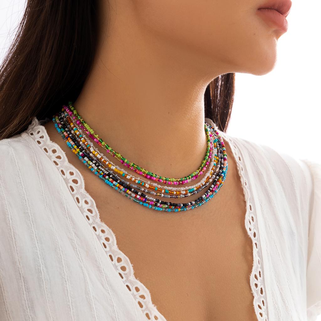 Salircon Bohemian Mixed Color Seed Bead Clavicle Necklace Trend Acrylic Rice Bead Beaded Choker Women's Summer Beach Jewelry