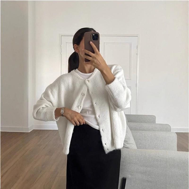 Womens Soft Knit Cardigan With Vintage Button Gray Wool Blend Sweater Outerwear Casual Chic