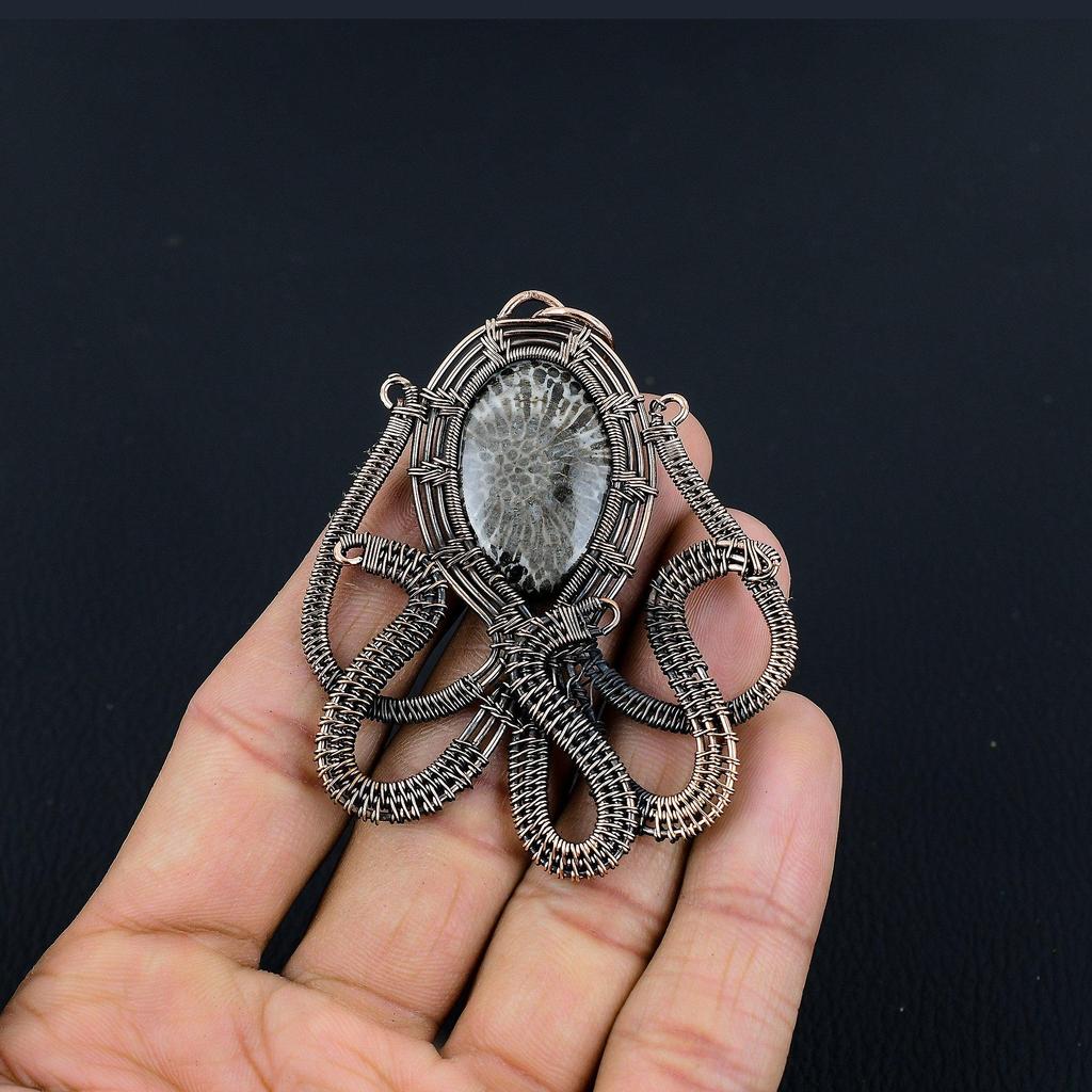 Stingray Coral Pendant, 999 Copper Wire Wrapped Gemstone Jewelry, Handmade Pendant, For Mother Day
