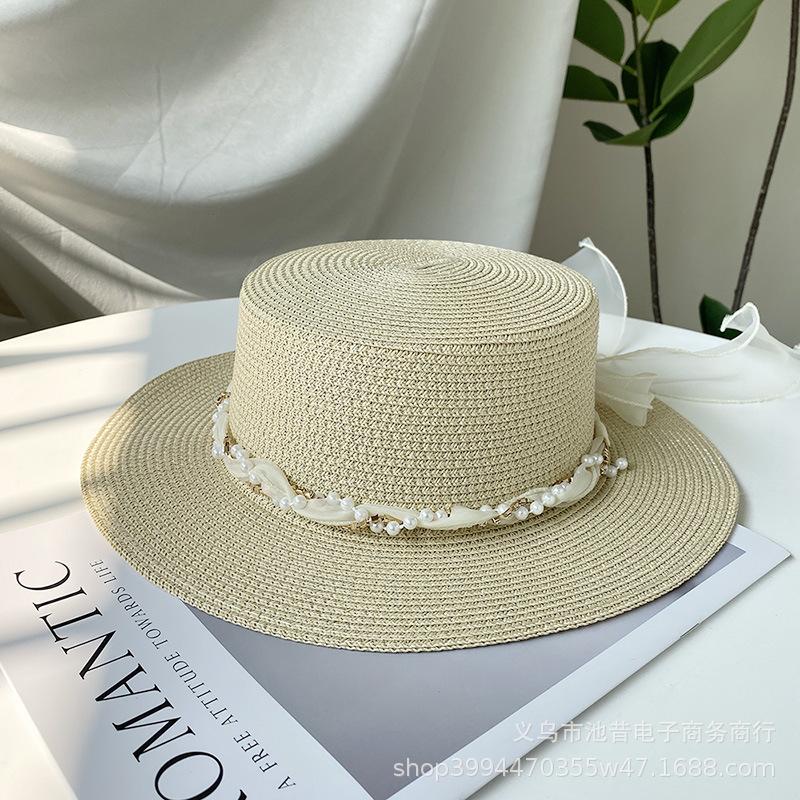 French lace streamer large brim beach hat seaside play straw hat women's sun protection versatile fashion rhinestone flat top hat