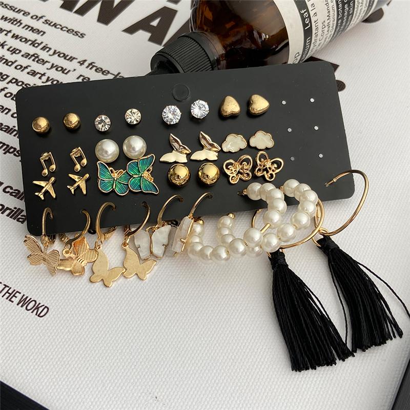 Bohemian Fashion Acrylic Leopard Round Circle Hoop Earrings Set For Women Gold Color Butterfly Pearls Drop Earrings Set Jewelry
