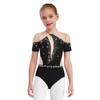 Girls Figure Skating Leotard Short Sleeve Cutout Back Sheer Mesh Patchwork Shiny Rhinestones Bodysuit