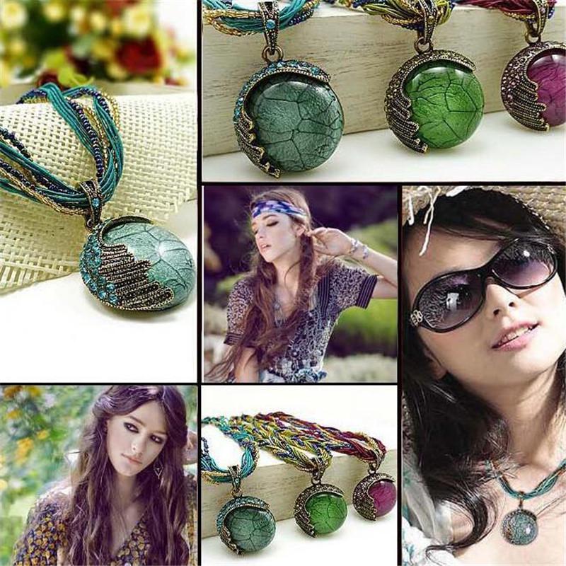 Women Bohemian Vintage Handmade Beaded Peacock Gemstone Pendant Necklace Jewelry Crystal Choker Ethnic Sweater Chain