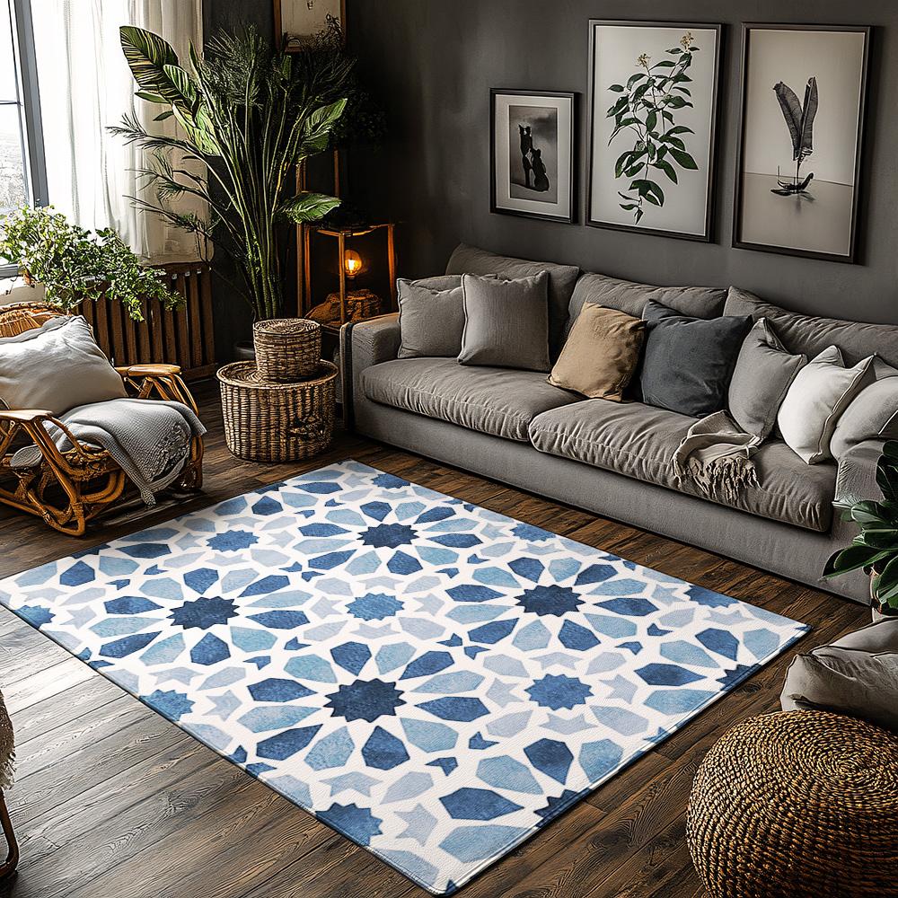 

Moroccan Area Rug Vintage Persian Carpet Bohemian Floor Mat Blue Geometric Pattern Home Decor Living Room Bedroom Floor Covering 50x80cm