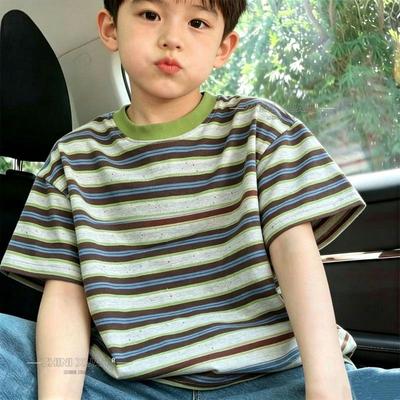 Korean Style Cloud Pattern Kids' Summer T-Shirt - Thin Striped, Short Sleeve, Parent-Child Outfit for Boys & Girls