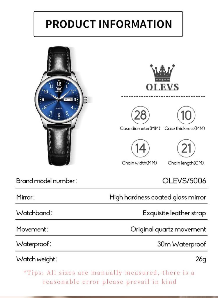 OLEVS Small Analog Quartz Popular Fashionable Wristwatch for Stylish Business Watch with Black Leather Luminous Date Blue Easy To Read Women's Watch,