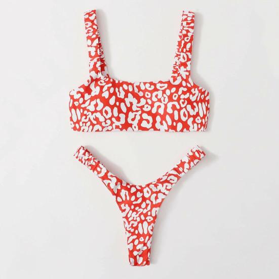 2 Pcs/Set Swimwear Set Leopard Print Soft Quick Dry Slim Fit Summer Bikini Set for Beach