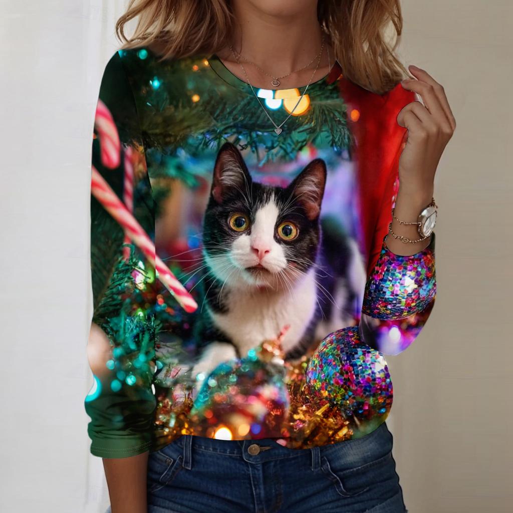 Christmas Limited Edition Women's 3D Christmas Gift Kitten Print Round Neck Long Sleeve Hoodie Fashion Casual Long Sleeve Top
