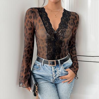 Women's Jumpsuit Fall Fashion Leopard Print Sexy Mesh Splicing Flared Sleeve Bodysuit