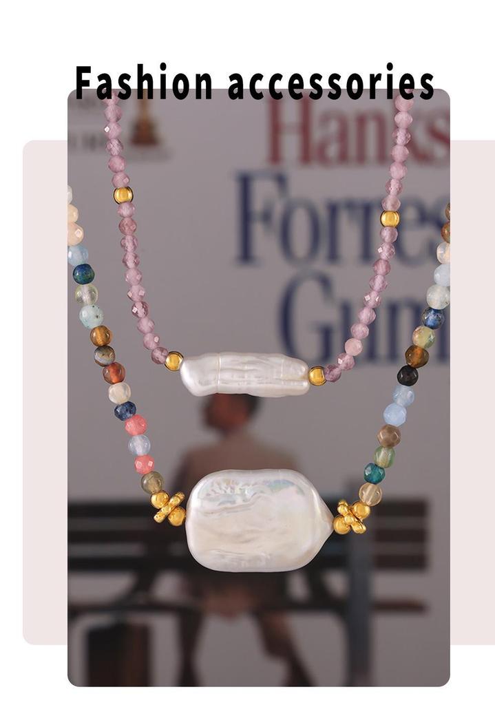 Barock-Halskette, 18 Karat vergoldet, mit facettiertem Stein, Süßwasserperlen & bunten Perlen