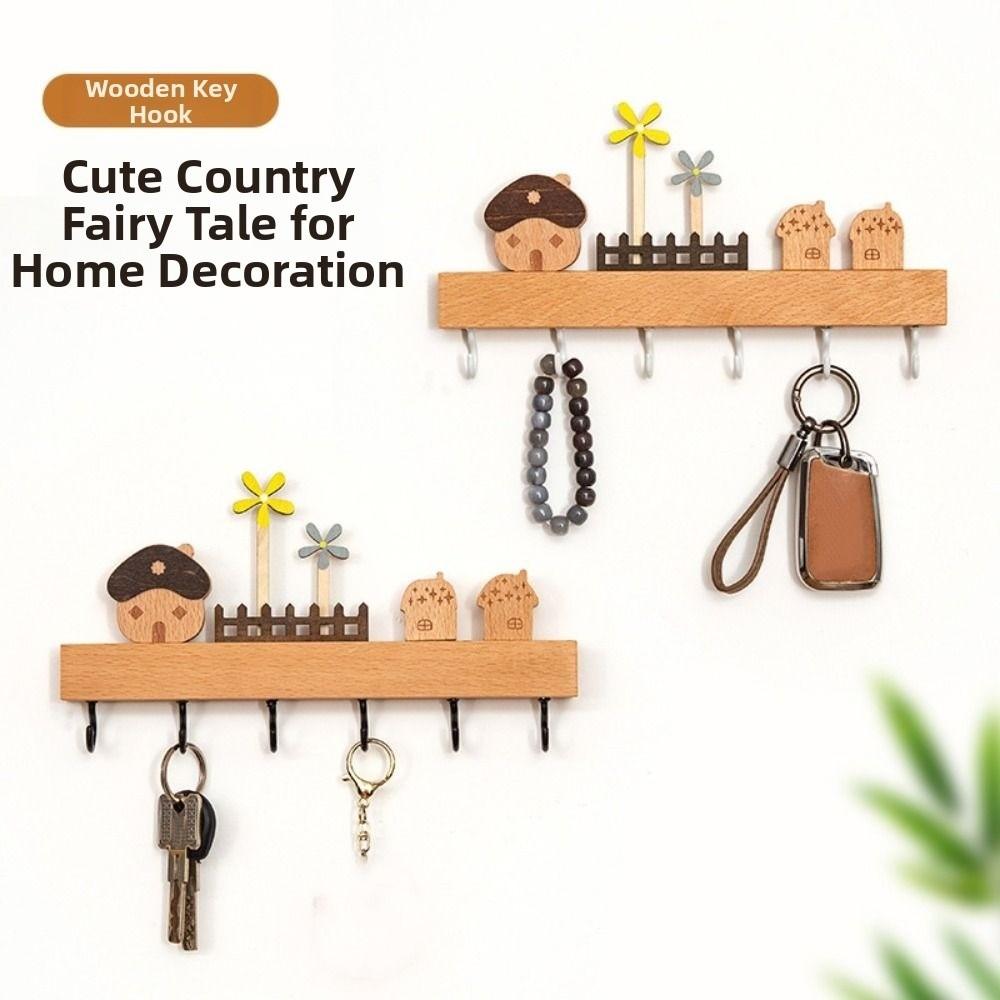 Wooden Key Hook Rack 6 Hooks Sundries Storage Shelf Coat Rack Kitchen Bathroom Bedroom