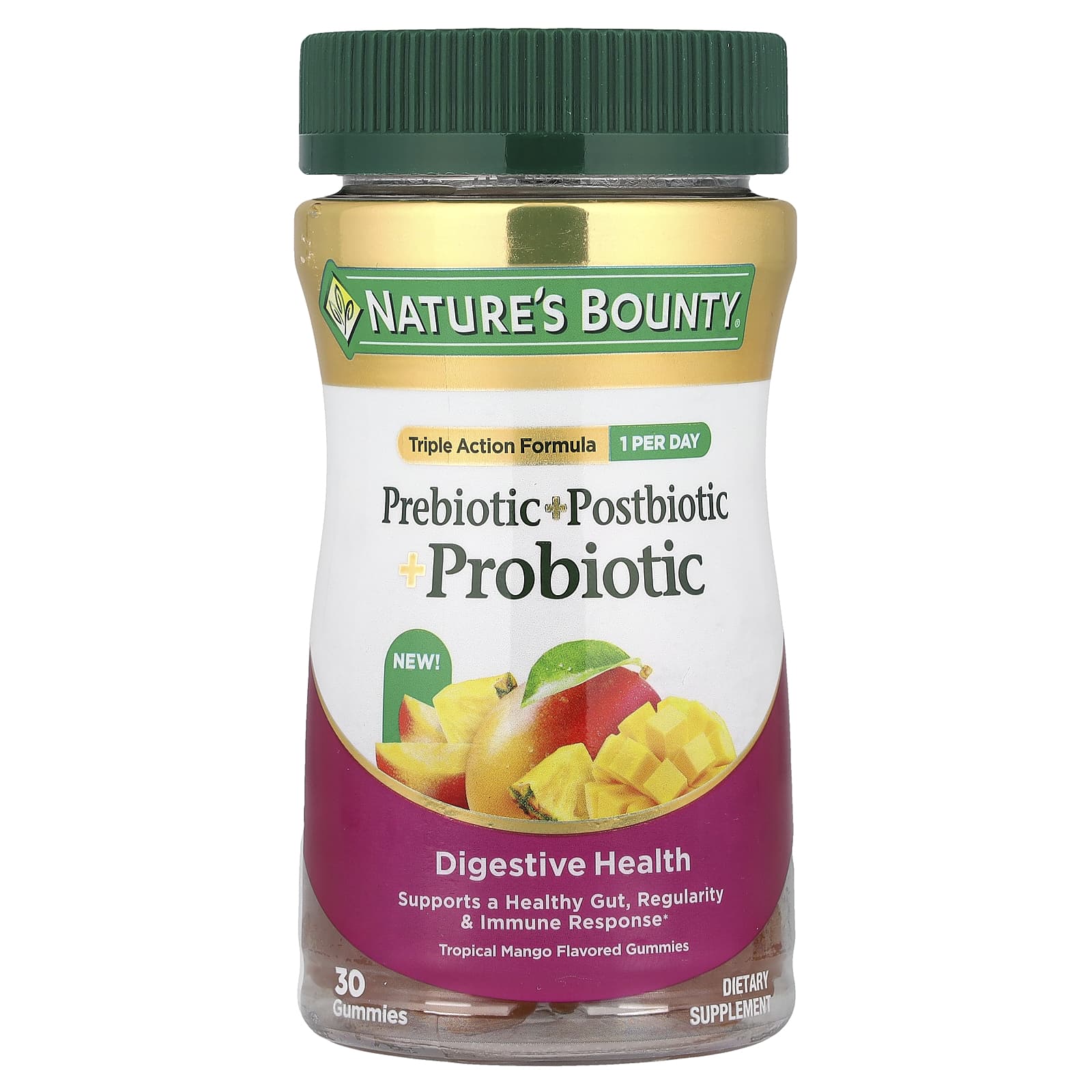 

Nature s Bounty, Prebiotic + Postbiotic + Probiotic Gummies, Tropical Mango, 30 Gummies