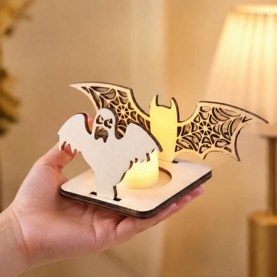 Festival Theme Lighting Halloween Candle Holder, Spooky Pumpkin Bat Shadow Tealight Party Scene Props Vintage Wooden Candlestick Ornament for