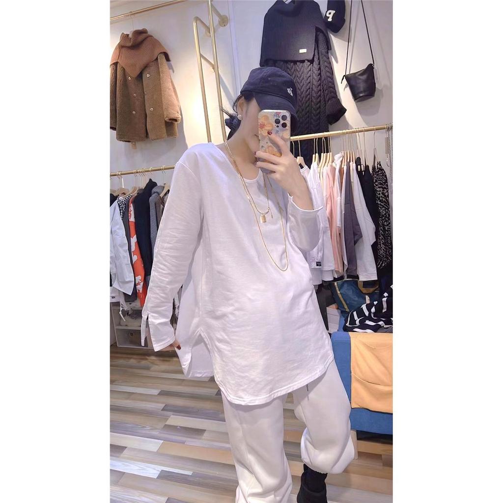 Plus Size Fall Cuffs Slit Bottoming Shirt Women Loose Round Neck Long Sleeve Pullover