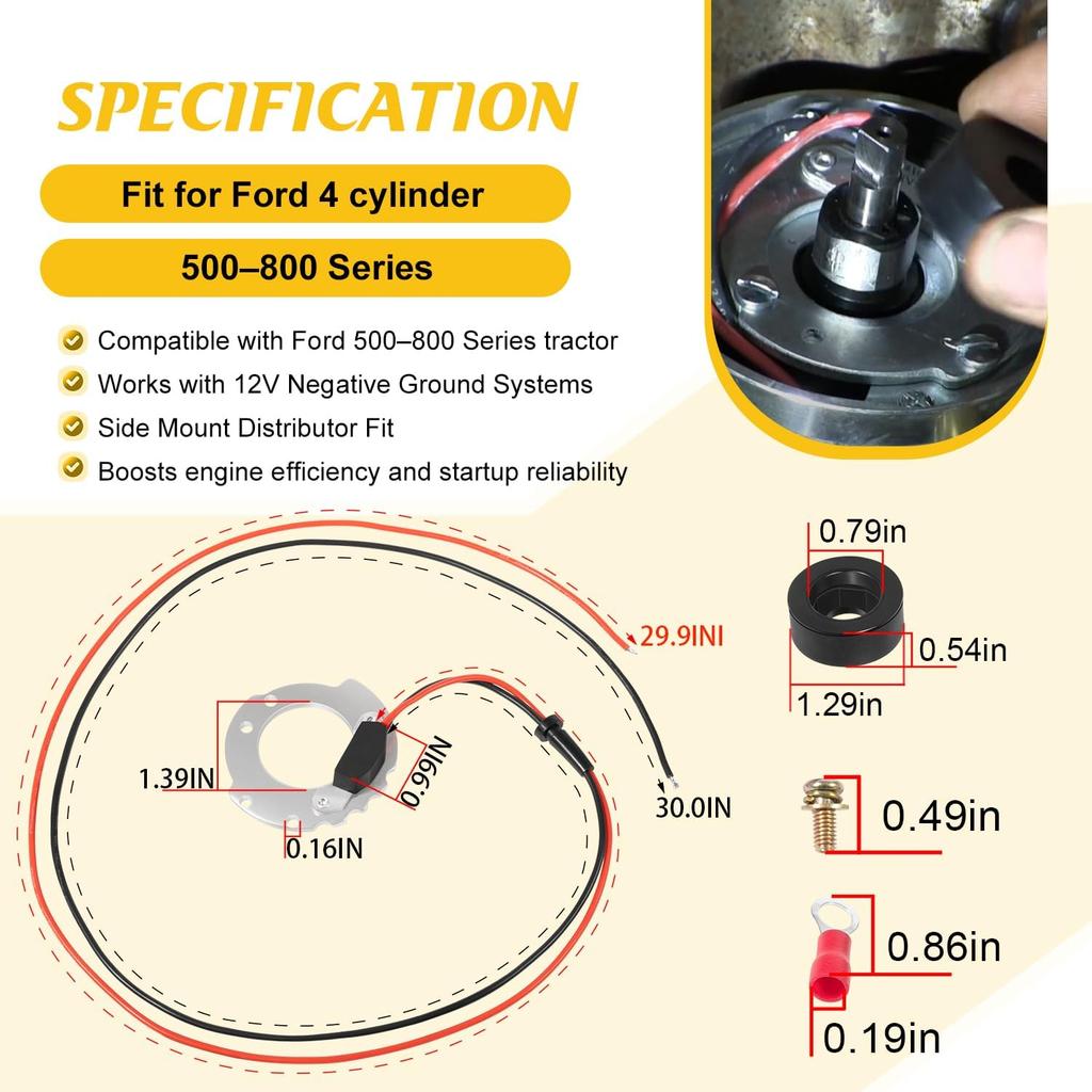 1244A Electronic Ignition Conversion Kit Replacement for Ford 4-Cylinder Tractors for Jubilee 500 600 700 800 Series, 12V Negative Ground, Side Mount
