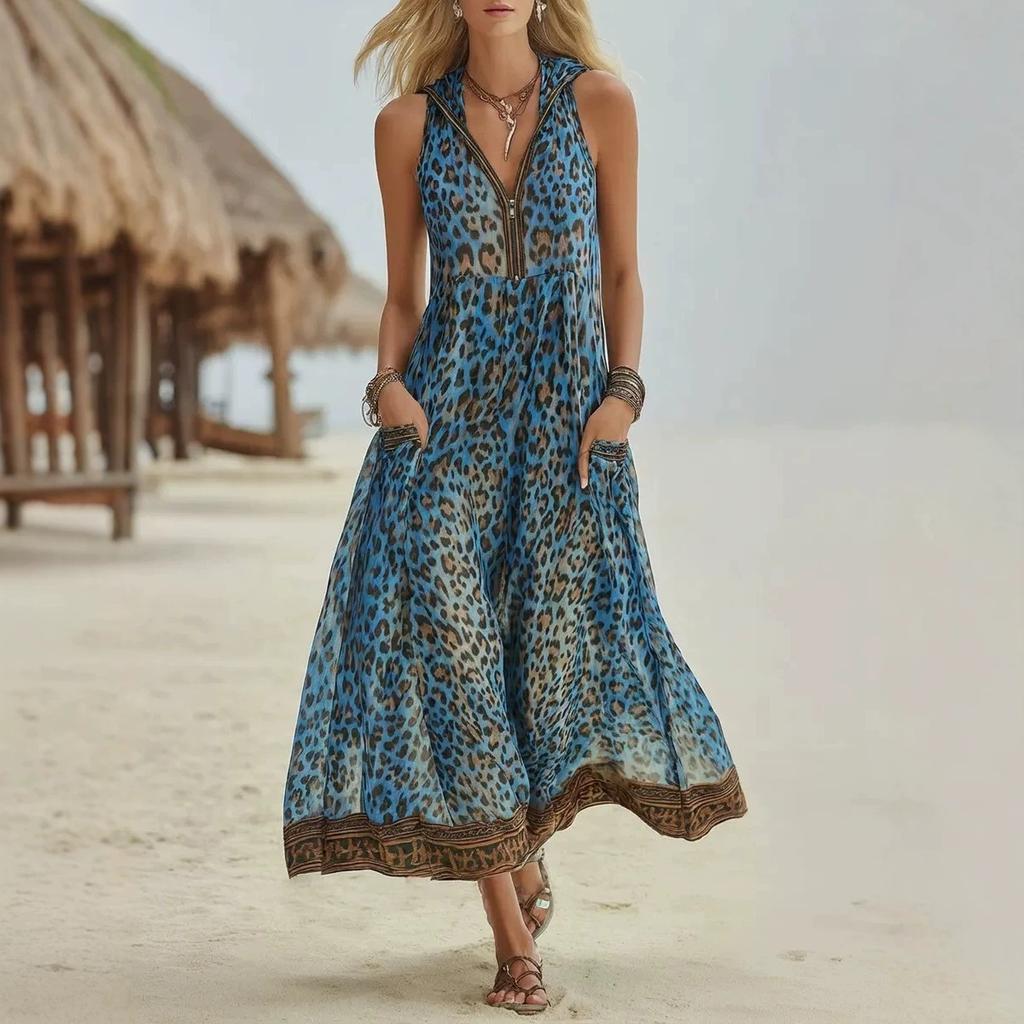 2026 European and American Elegant Leopard Print Sleeveless Vest Zipper Deep V-neck Dress, Hooded Temperament Women's Summer