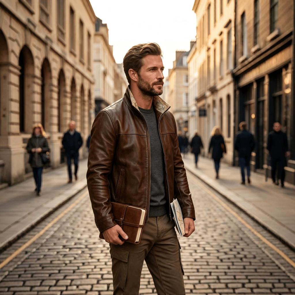Men's retro map inner stand-up collar jacket zipper casual commuter jacket