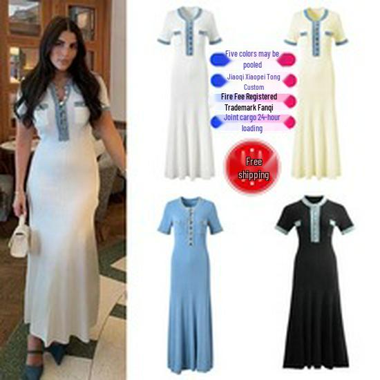 Dámské elegantní letní džínové patchworkové dlouhé šaty, zapínání na knoflíky, kulatý výstřih, pletené šaty