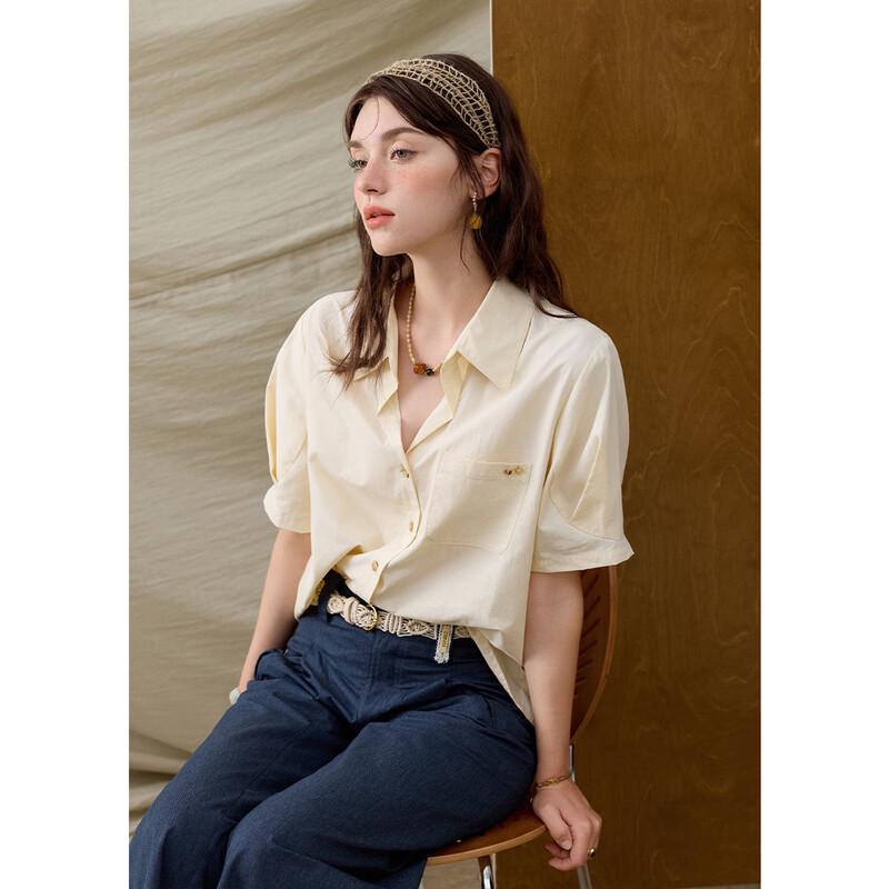 MiXiu Women's French Retro Tencel Cotton Short-Sleeve Shirt