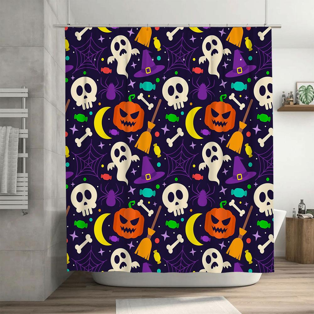 Halloween-themed Shower Curtain with Spooky Designs Featuring Pumpkins, Ghosts, Witches Hats Candy! 100% Waterproof Fabric Suita