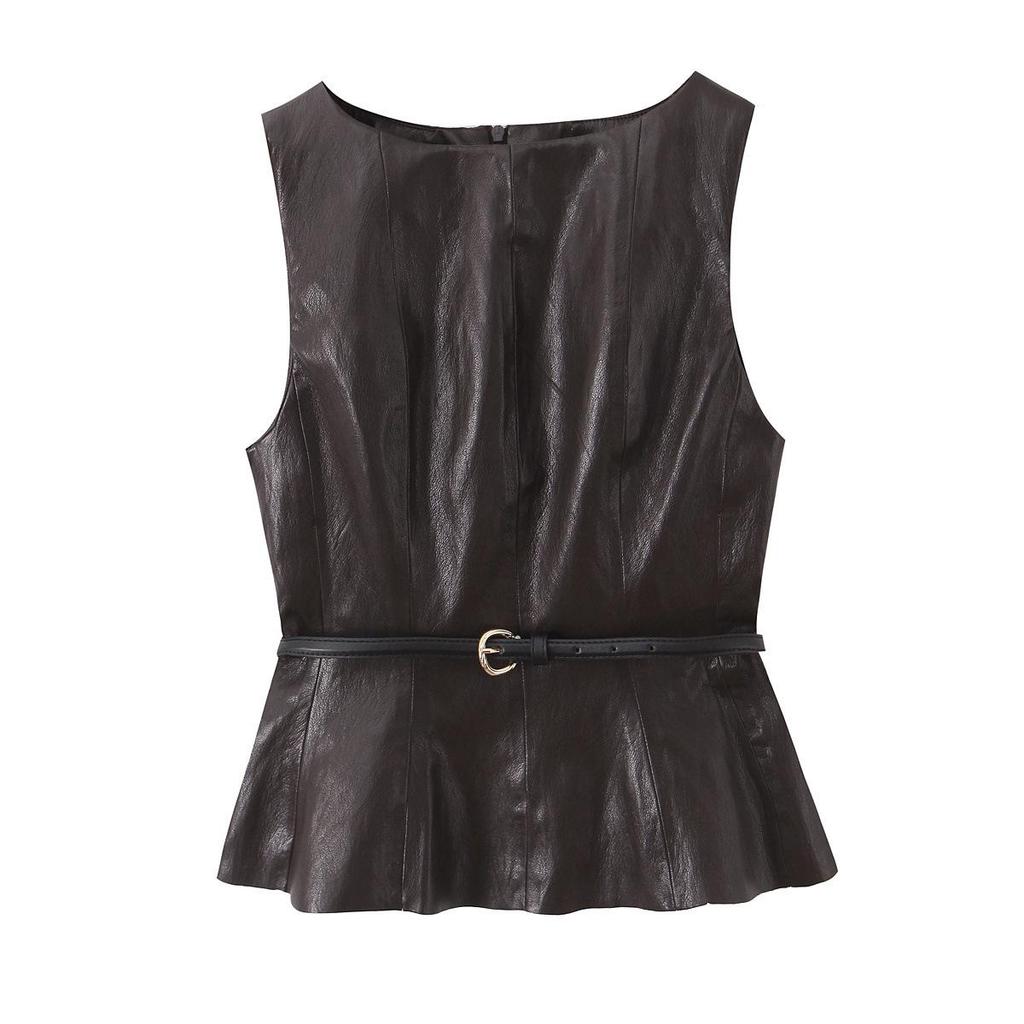 2026 Spring Leather Effect Belted Top & High-Waisted Slim Midi Skirt Set