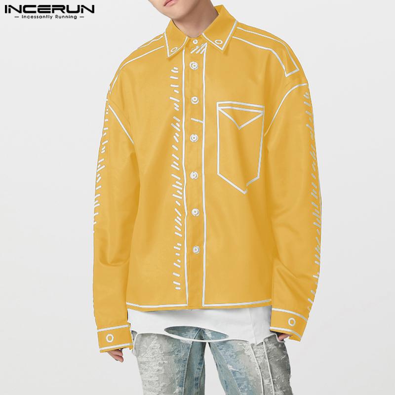 INCERUN Oversized Men Casual Long Sleeve Stitching Buttons Up Shirts Tops