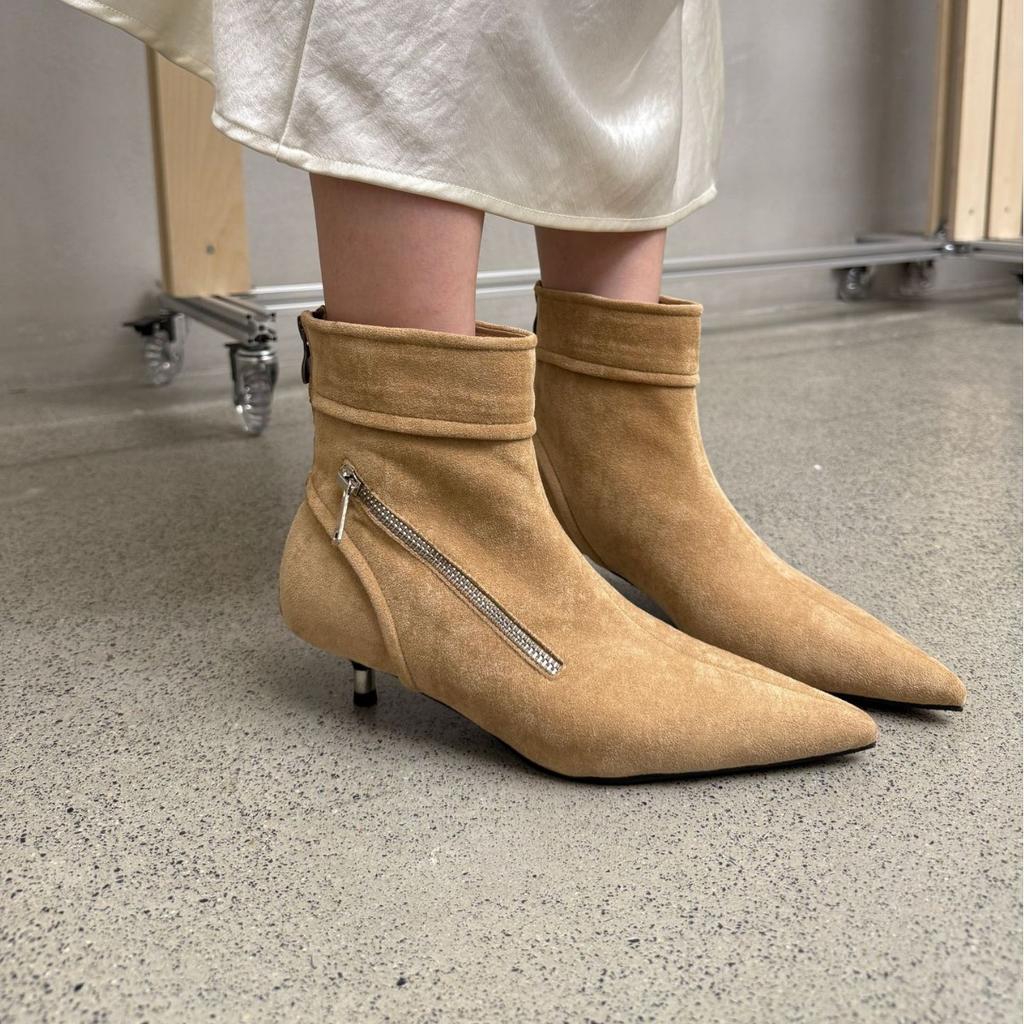 2025 New Internet Celebrity Thin Heel Spring and Autumn Single Boots High Heel Elastic Thin Boots Pointed Suede Kitten and Short Boots Women