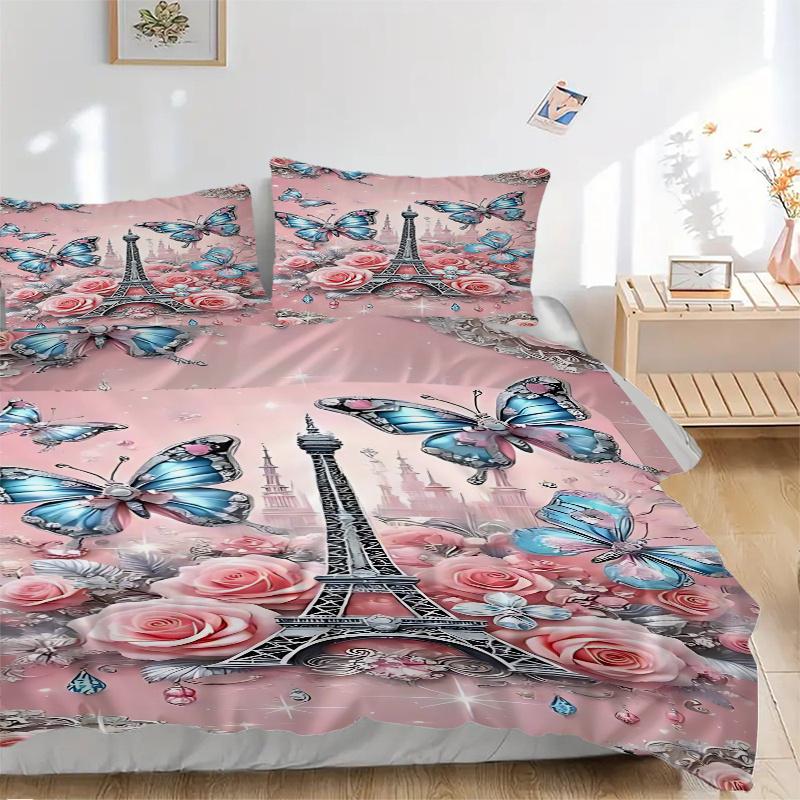 3pcs Parisian Butterfly & Rose Eiffel Tower Bedding Set, Includes One Quilt Cover and Two Pillowcases (No Core), Home Decor, Festival Gift
