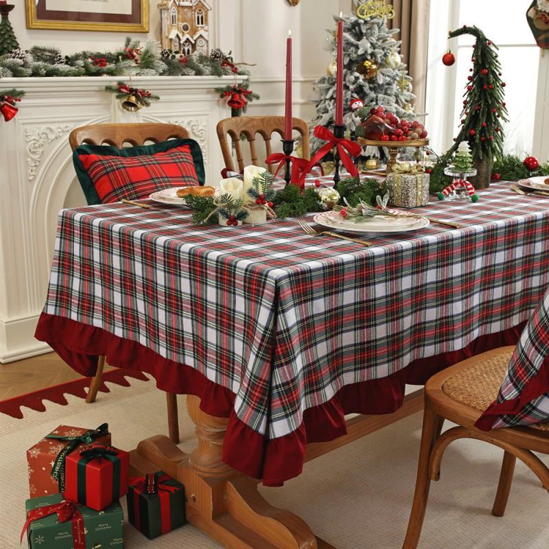 Christmas Tablecloth Woven Cotton Plaid Table Cover With Ruffled Trim Dining Decor