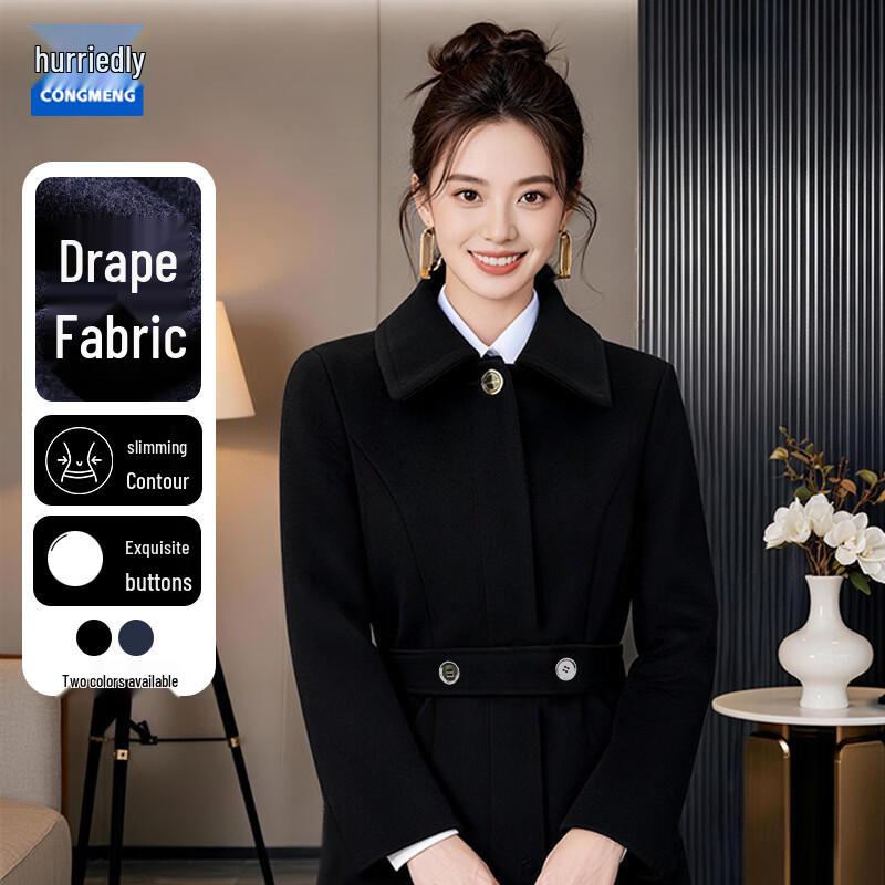Women s Mid-Length Slim Fit Wool Blend Coat M чёрный