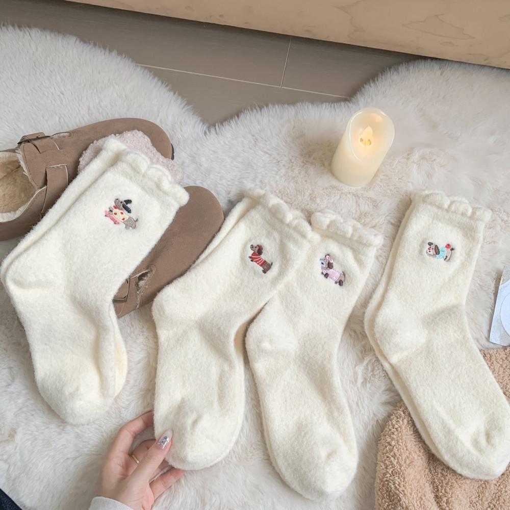 Șosete Termice Calde pentru Femei, Lungime Medie - Design Alb cu Dantelă și Desen Animat Câine Cârnat pentru Toamnă/Iarnă