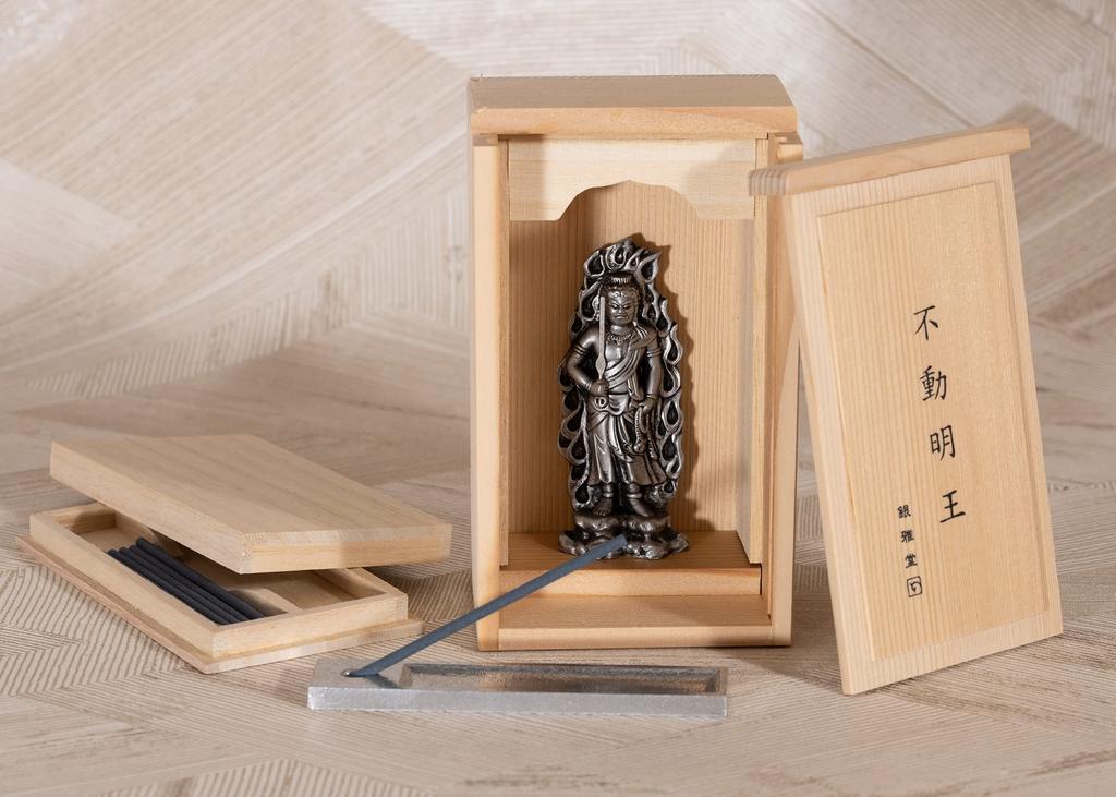 Acala Buddha statue, shrine, incense holder, and incense set (antique silver) - Sculptor: Keishu Watanabe (born in the Year of the Rooster) -