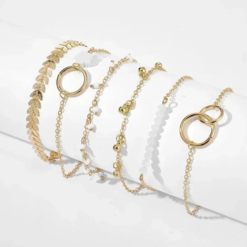 5pcs/Set Vintage Gold /Copper Color Simple Design Multielement Crystal Bracelets Set for Women Adjustable Bangle Zircon GIft
