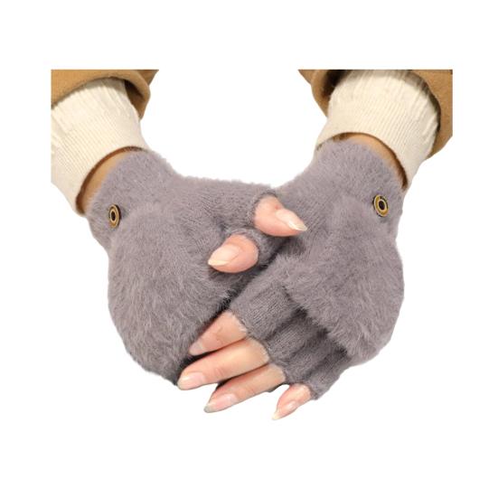 

1 пара женских митенок без пальцев, теплые толстые зимние трансформируемые перчатки-варежки с откидным верхом и плюшевой подкладкой, для улицы в холодную погоду серый
