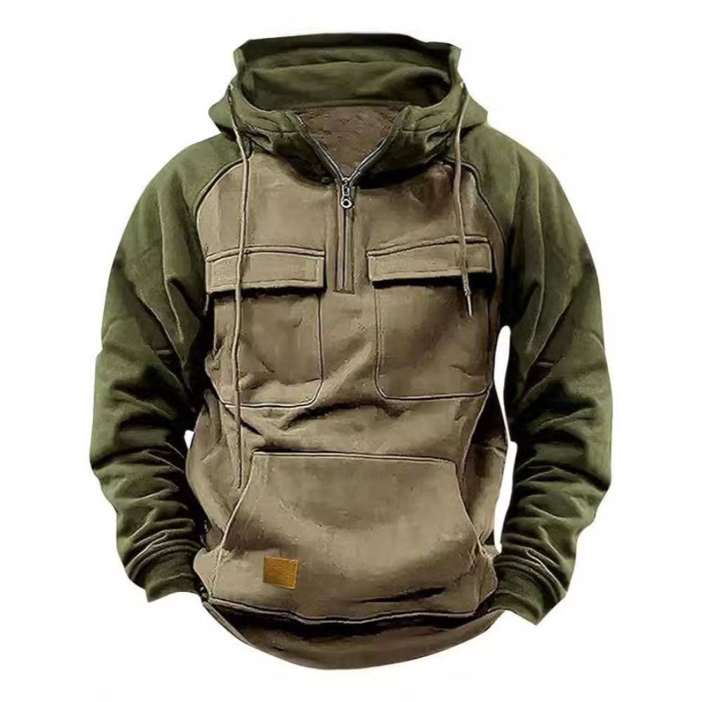 New Men's Off-the-Shoulder Half-Zip Hoodie: Workwear-Inspired Sportswear with Multiple Pockets