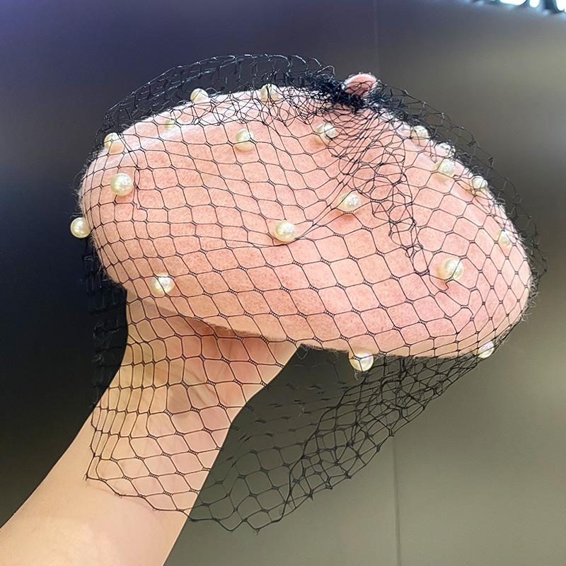 Wool Beret Hat With Pearl Veil Detail Elegant Women Autumn Winter Retro British Style Painter Pumpkin Hat For Daily Street Wear