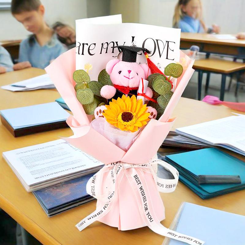 1PC Flower Bouquet Sunflower Party Decor Simulation Flower Hand-Knitted Soap Flower Doctor Bear Graduation Gift Photography Props