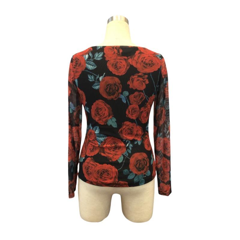 Women S French Style Rose Floral Mesh Print Sexy U Neck Long Sleeve T Shirt