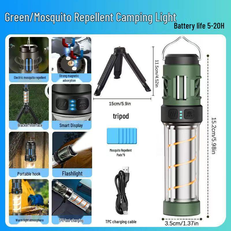 Multifunctional Camping Lantern: Mosquito Repellent, Long Battery, Type-C Charging, Magnetic, with Triangle Bracket